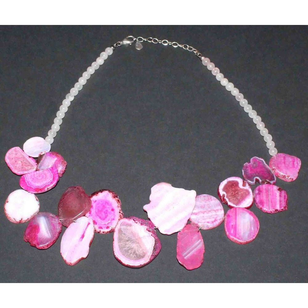 Beautiful Barse 21" Partial‎ Sterling Silver 925 Pink Sliced Agate Slab Necklace